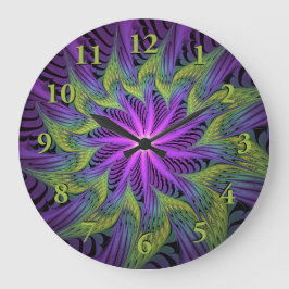 Lila grüne Blume Moderne Abstrakte Fraktal Kunst Große Wanduhr
