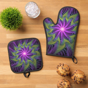 Lila Grüne Blume Moderne Abstrakte Fraktal Kunst Ofenhandschuh & Topflappen-Set