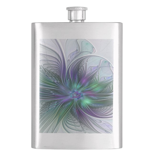 Lila grüne Blume Moderne Abstrakte Kunst Fraktal Flachmann (Vorderseite)