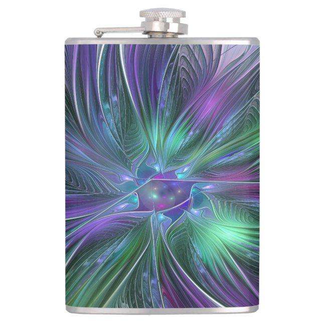 Lila grüne Blume Moderne Abstrakte Kunst Fraktal Flachmann (Vorderseite)