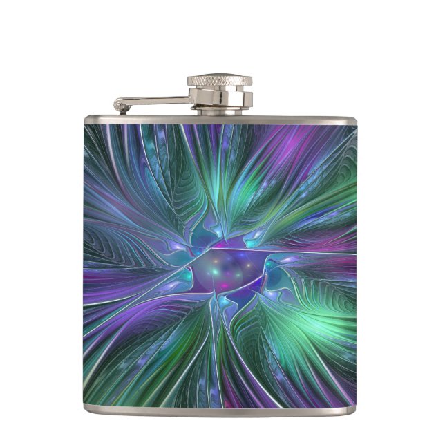 Lila grüne Blume Moderne Abstrakte Kunst Fraktal Flachmann (Vorderseite)