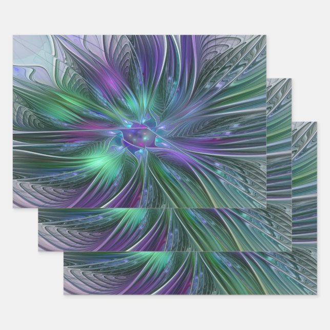 Lila grüne Blume Moderne Abstrakte Kunst Fraktal Geschenkpapier Set (Set)