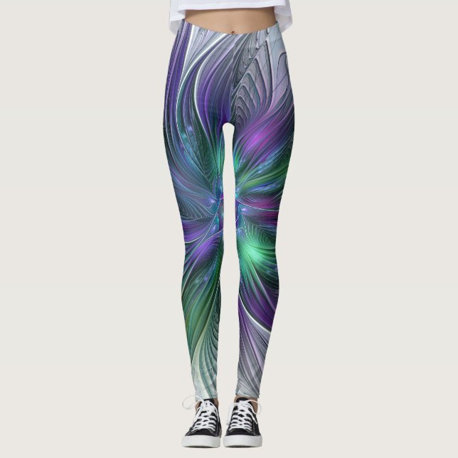Lila grüne Blume Moderne Abstrakte Kunst Fraktal Leggings (Vorderseite)
