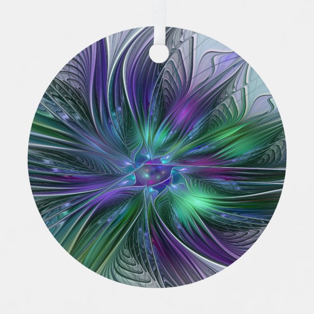 Lila grüne Blume Moderne Abstrakte Kunst Fraktal Ornament Aus Metall (Vorderseite)