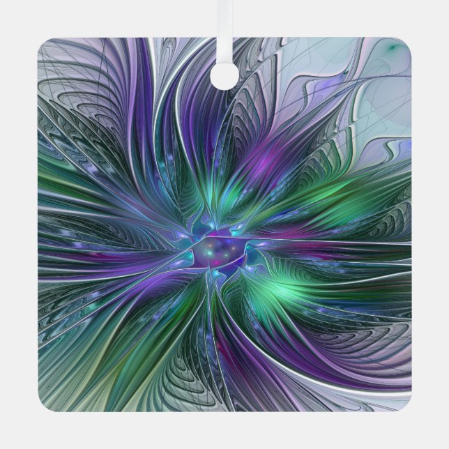 Lila grüne Blume Moderne Abstrakte Kunst Fraktal Ornament Aus Metall (Vorderseite)