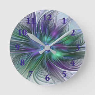 Lila Grüne Blume Moderne Abstrakte Kunst Fraktal Runde Wanduhr