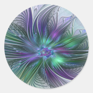 Lila Grüne Blume Moderne Abstrakte Kunst Fraktal Runder Aufkleber