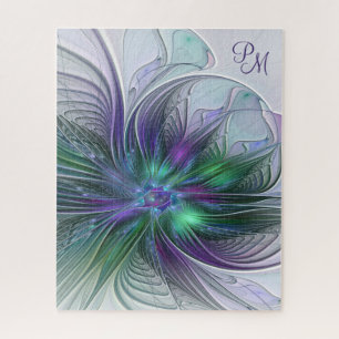Lila Grüne Blume Moderne Abstrakte Kunst Monogramm Puzzle