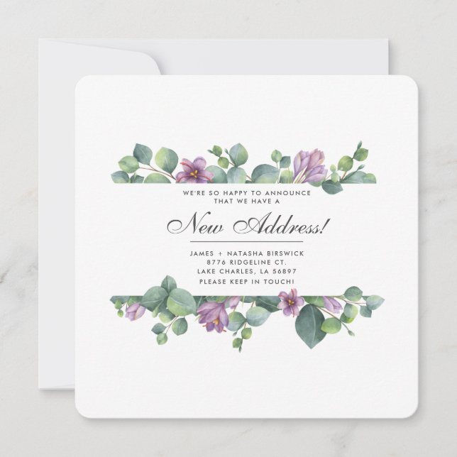 Lila grüne Eukalyptus-Blätter verschieben neue Adr Ankündigung (Vorderseite)