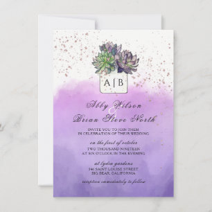 Lila grüne Kakteen Sukkulente Monogramm-Hochzeit Einladung