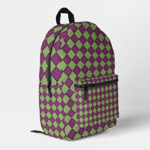 Lila Grüne Karo-Diamant-Muster Bedruckter Rucksack