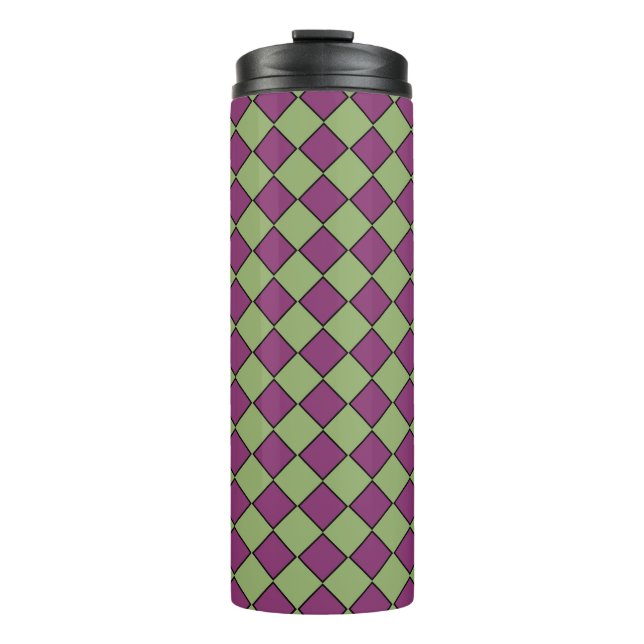Lila Grüne Karo-Diamant-Muster Thermosbecher (Vorderseite)
