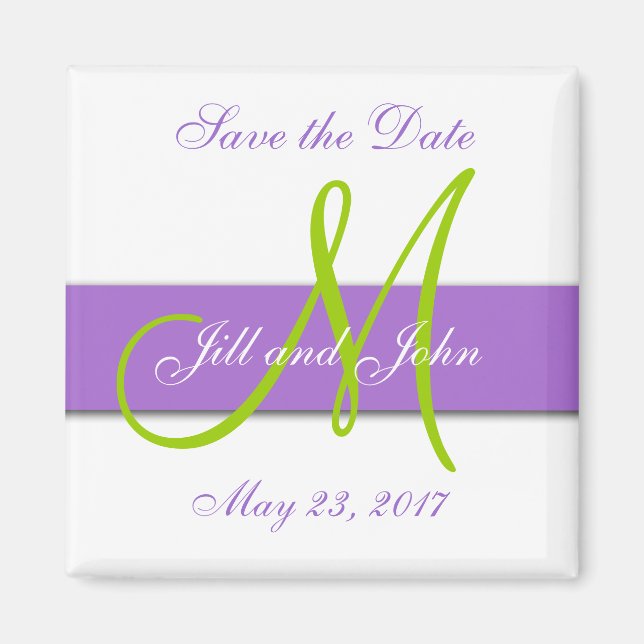 Lila grüne Monogramm speichern Sie das Datumsfenst Magnet (Vorne)