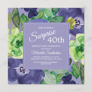 Lila Grüne Navy Aquarell Blumen 40. Geburtstag Einladung