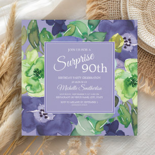 Lila Grüne Navy Aquarell Blumen 90. Geburtstag Einladung