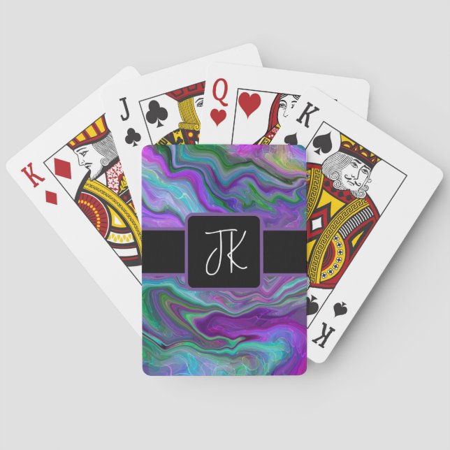 Lila, grüne und blaue Fluid Art Abstrakt Spielkarten (Rückseite)