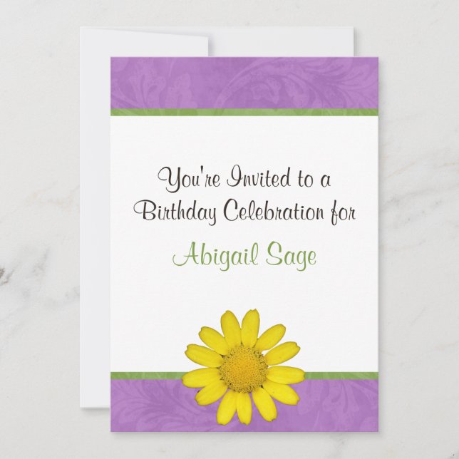 Lila, grüne und gelbe Blume Einladung zum Geburtst (Vorderseite)