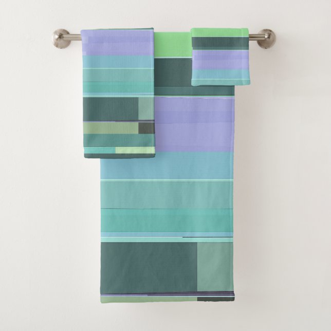 Lila, grüne und türkisfarbene Abstrakte Streifen Badhandtuch Set (Insitu)