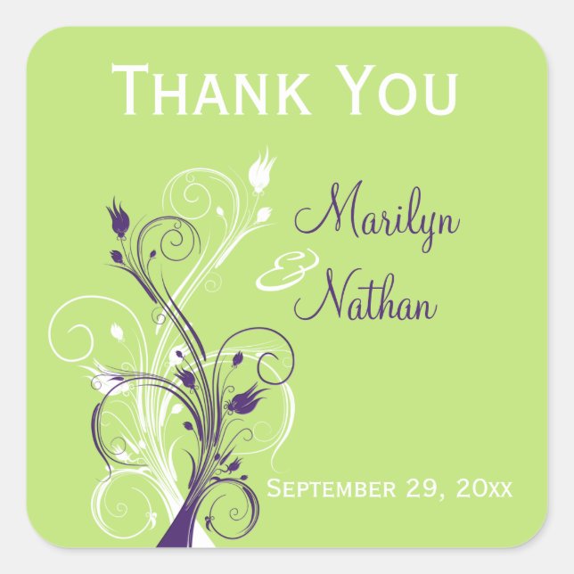 Lila-grüne Weiße Blüte 1,5" Hochzeitsaufkleber Quadratischer Aufkleber (Vorderseite)