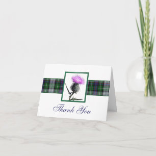 Lila, grüne, weiße Tartan-Distel danken Ihnen zu Dankeskarte