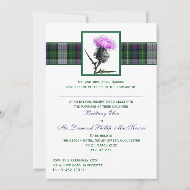 Lila Grüner Tartan Thistle Abend Hochzeit Einladun Einladung (Vorderseite)
