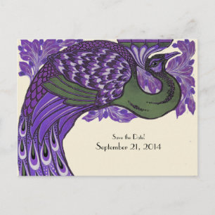 Lila grüner Vintager Pfau Save the Date Ankündigungspostkarte
