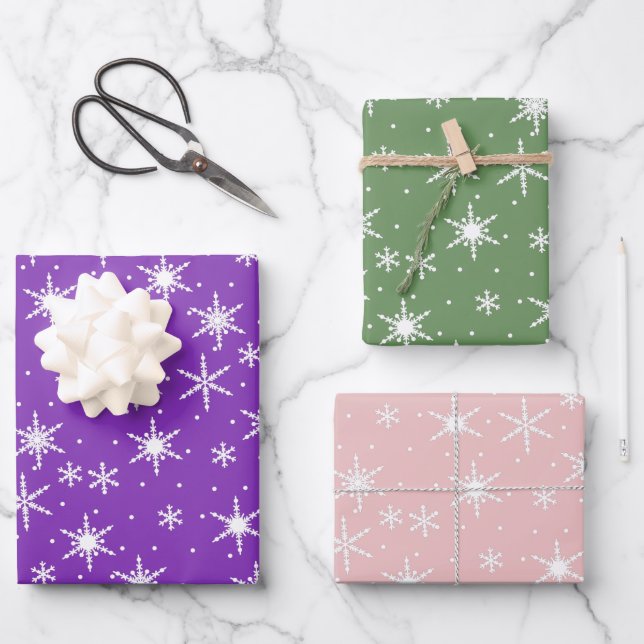 Lila grünes Dusty Pink Weihnachten Schneeflocke Se Geschenkpapier Set (Vorderseite)