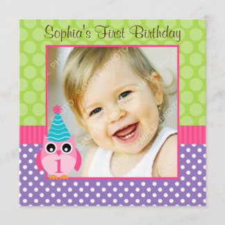 Lila grünes Eulen-Polka-Punkt-1. Einladung