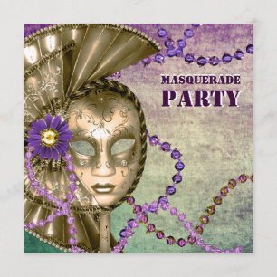 Lila grünes Mardi Gras Beads Masquerade Party Einladung