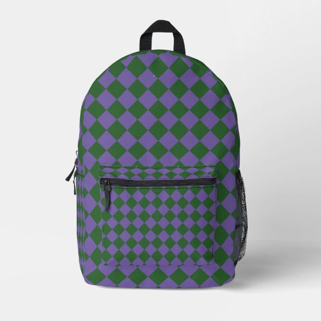 Lila grünes Schachbrett Diamantmuster Bedruckter Rucksack (Vorderseite)