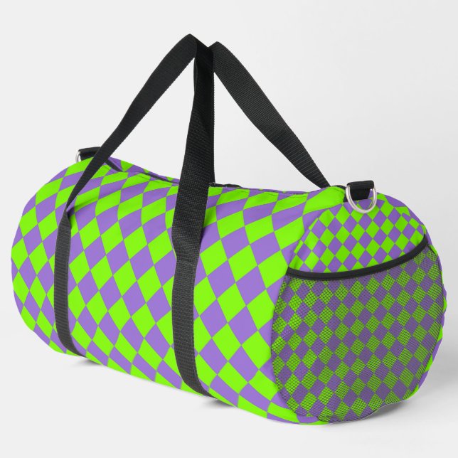 Lila grünes Schachbrett Diamantmuster Duffle Bag (Rechte Ecke)