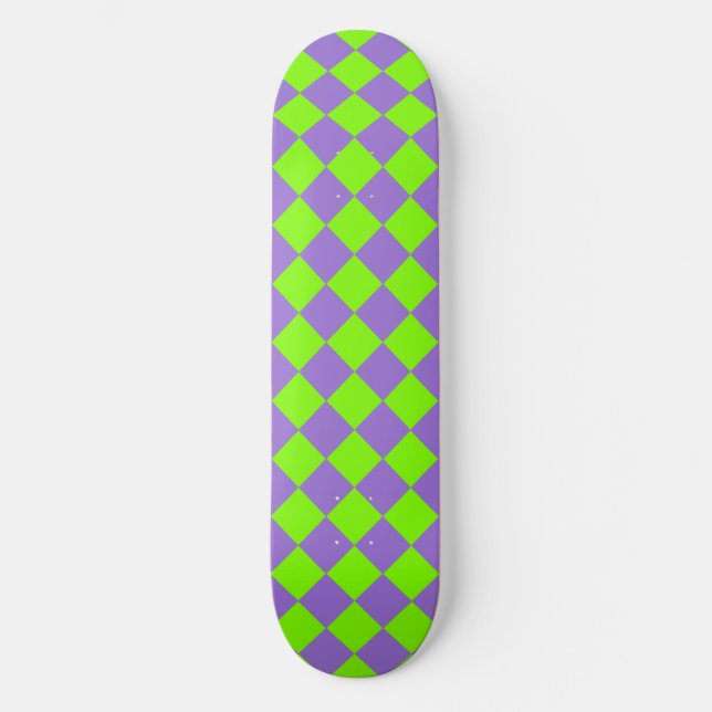 Lila grünes Schachbrett Diamantmuster Skateboard (Vorderseite)