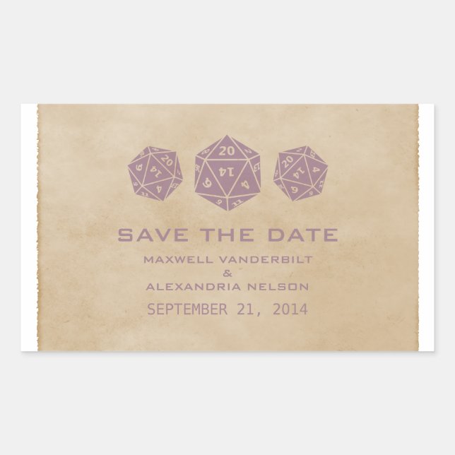 Lila Grunge D20 Dice Save the Date Stickers (Vorderseite)