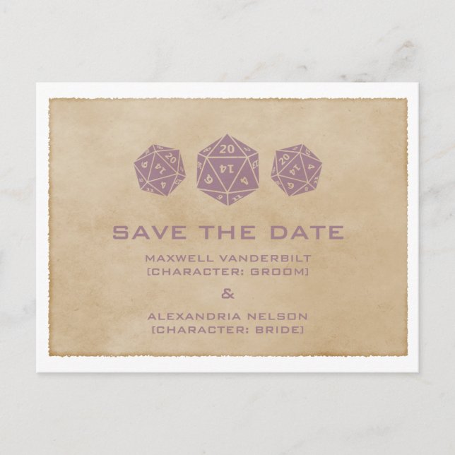 Lila Grunge D20 Würfel Save the Date Postkarte (Vorderseite)