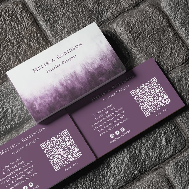 Lila Grunge & Weiß Eindeutiger Abstrakter QR-Code Visitenkarte (Von Creator hochgeladen)