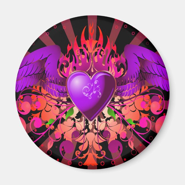Lila Grunge Winged Heart Design Magnet (Vorne)