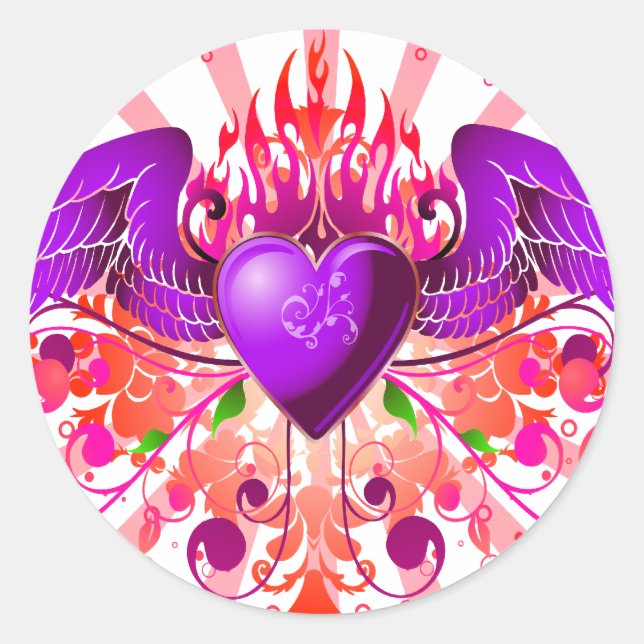 Lila Grunge Winged Heart Design Runder Aufkleber (Vorderseite)