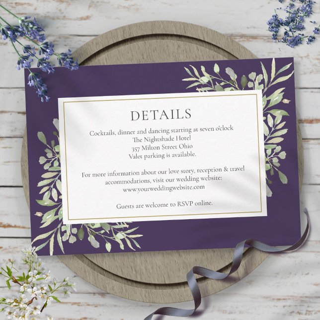 Lila Grünpflanzen Blumenzwiebeldetails Begleitkarte (Purple Greenery Floral Wedding Details Enclosure Card)