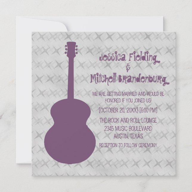 Lila Guitar Grunge Wedding Einladung (Vorderseite)