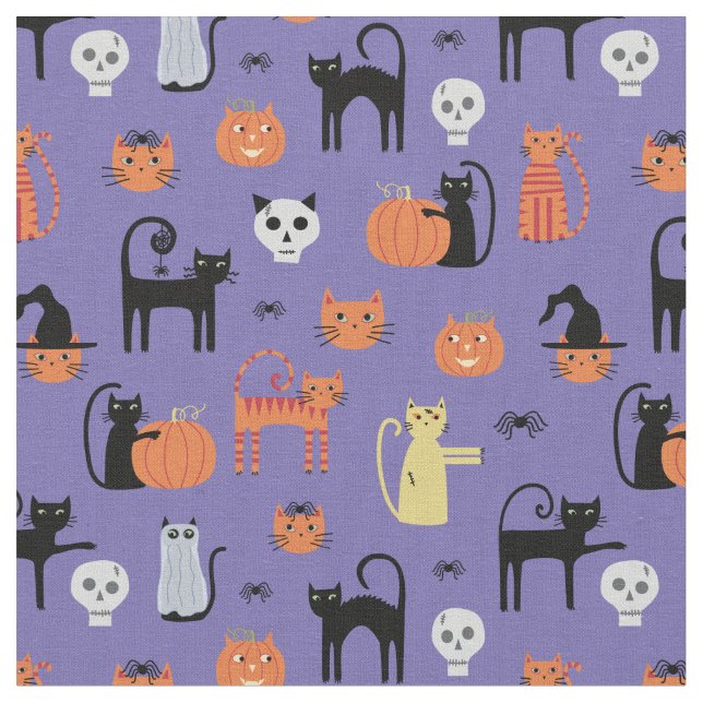 Lila Halloween Cat Pattern Stoff (Nahaufnahme)