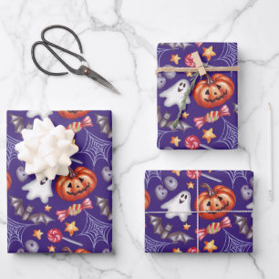 Lila Halloween-Collage Geschenkpapier Set