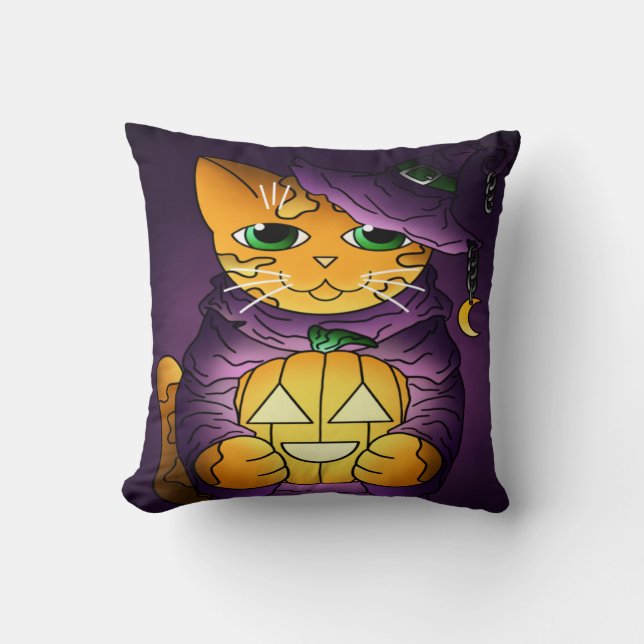 Lila Halloween Hexenkatze Kissen (Vorderseite)