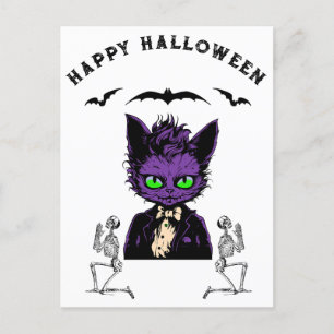 Lila Halloween Katze mit Fledermäusen und Skelette Postkarte