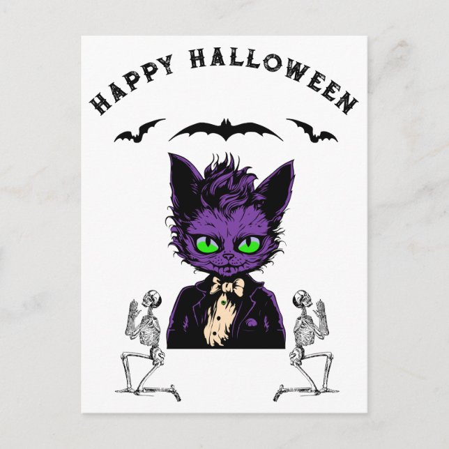 Lila Halloween Katze mit Fledermäusen und Skelette Postkarte (Vorderseite)