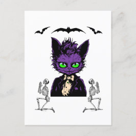 Lila Halloween Katze mit Fledermäusen und Skelette Postkarte