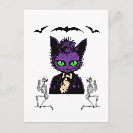 Lila Halloween Katze mit Fledermäusen und Skelette Postkarte