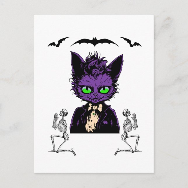 Lila Halloween Katze mit Fledermäusen und Skelette Postkarte (Vorderseite)