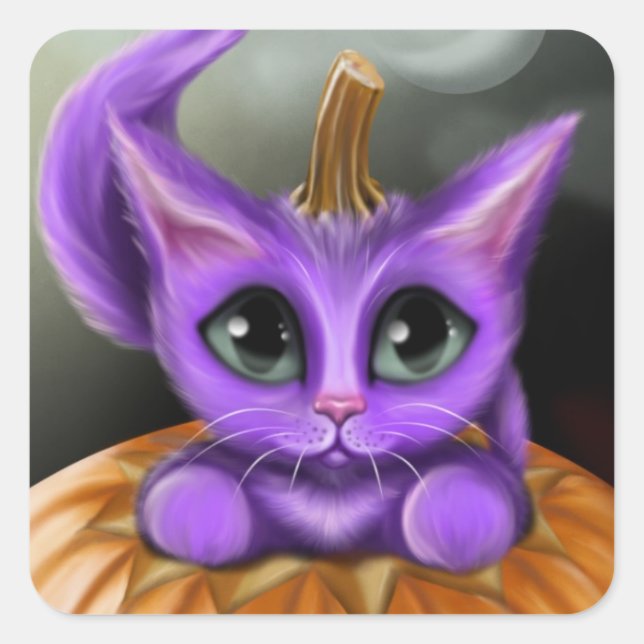 Lila Halloween Kitty Quadratischer Aufkleber (Vorderseite)