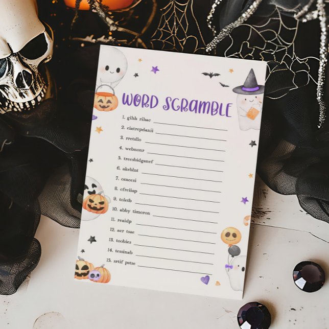 Lila Halloween Little Boo Word Scramble Game (Baby is Brewing Baby Shower Word Scramble Game)