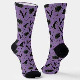 Lila Halloween-Muster-Hexenhut-Fledermaus-Kürbis-K Socken